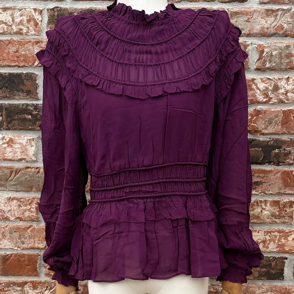 SOLD ELSEWHERE NWT FARM Rio burgundy/purple ruffled long sleeve gathered blouse - Picture 1 of 13